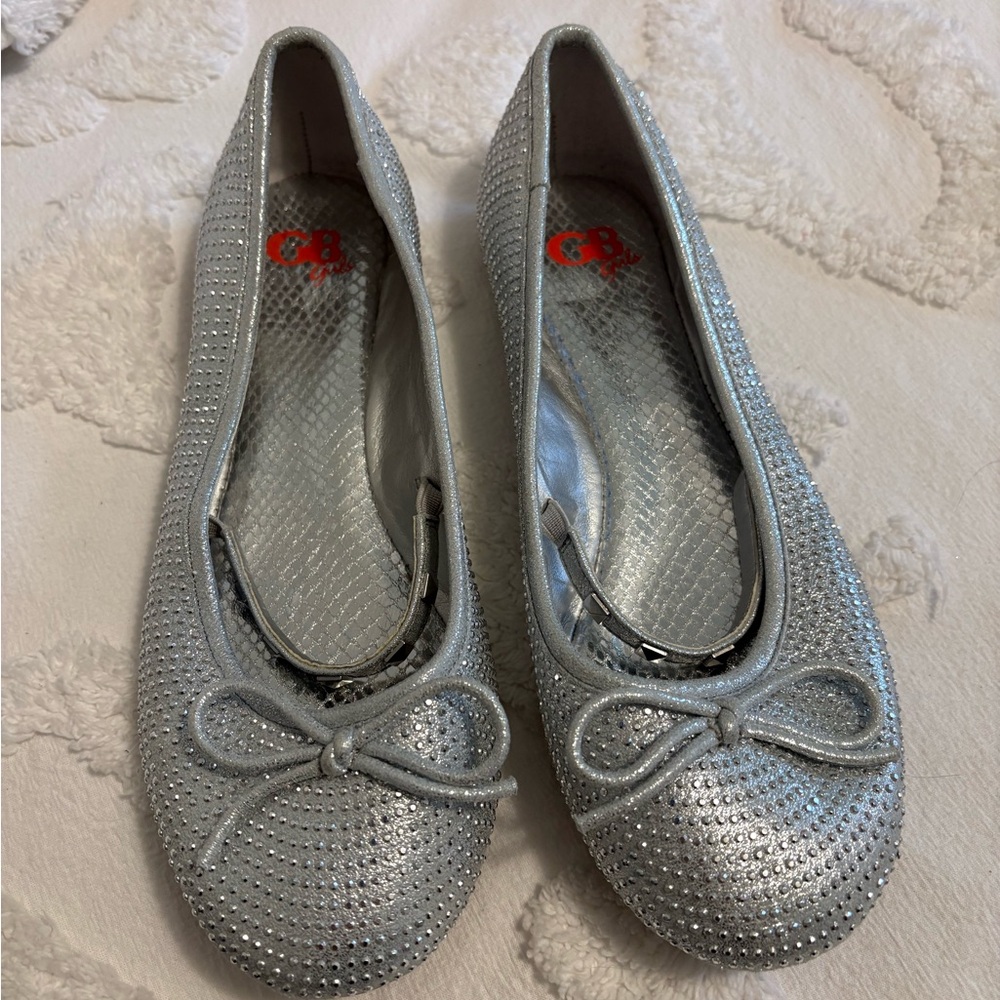 GB girls Silver Rhinestone Ballet Flats with Bow Accent